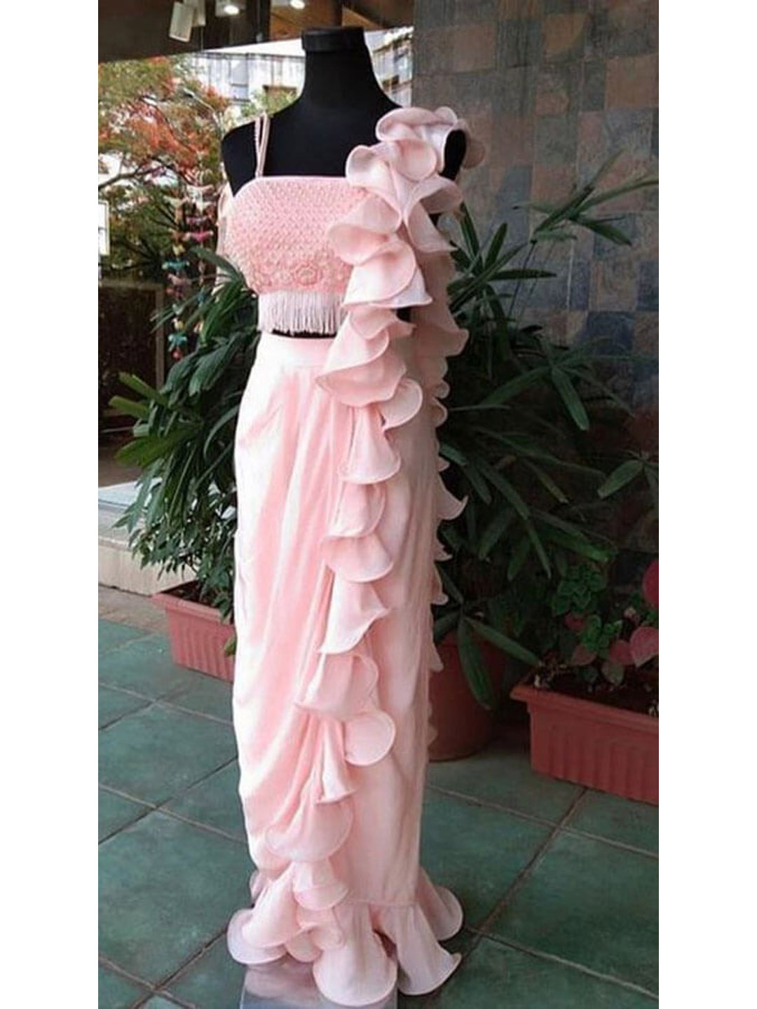 Light Pink One Color Soft Ruffle Saree for Birthday Party