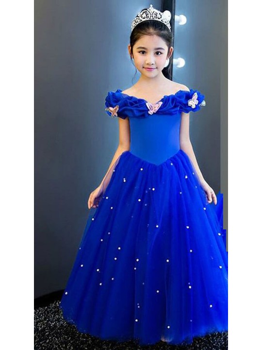 Royal Blue Net and Silk Off Shoulder Kid Girl Gown for Festival