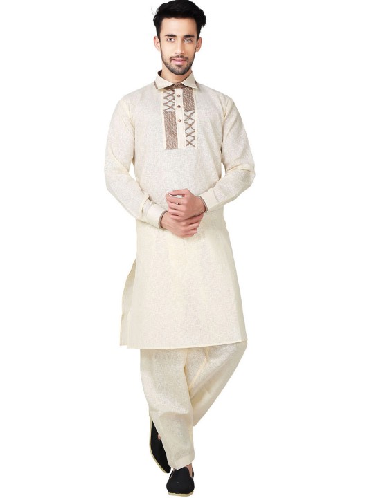 Cream Cotton Linen Pathani Suit For Men