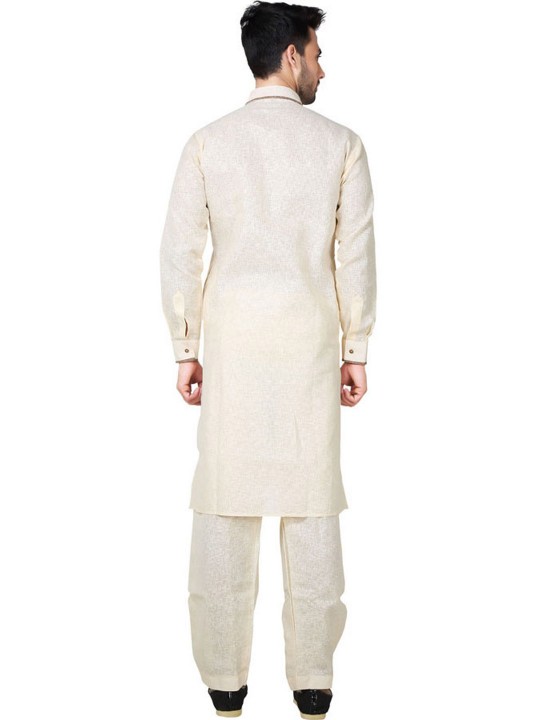 Cream Cotton Linen Pathani Suit For Men