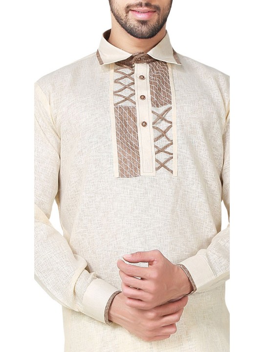 Cream Cotton Linen Pathani Suit For Men