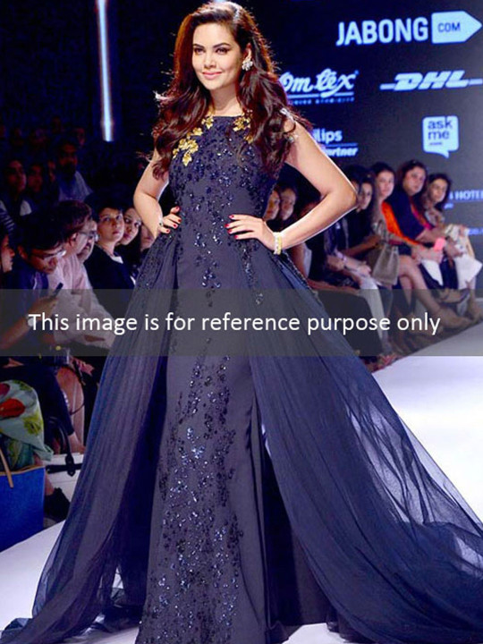 Beautiful Bollywood Star Esha Gupta Ink Blue Indowestern Gown 
