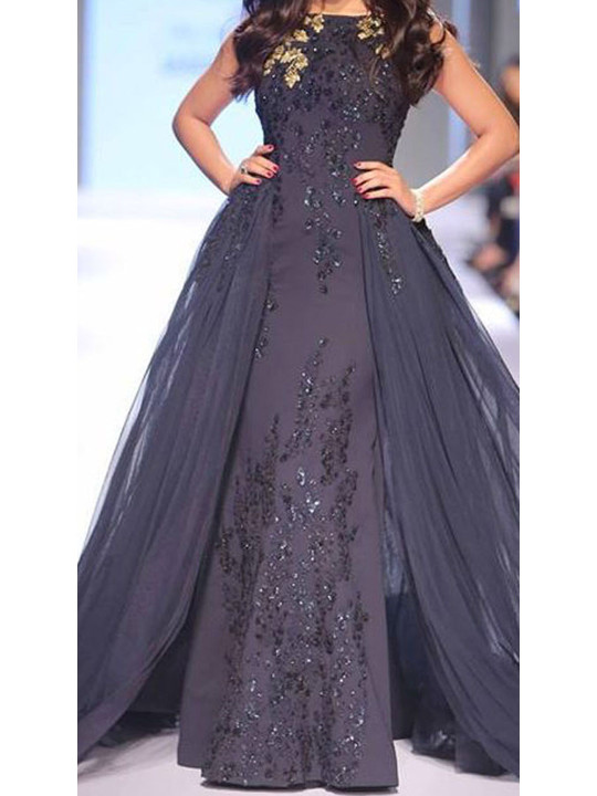 Beautiful Bollywood Star Esha Gupta Ink Blue Indowestern Gown 