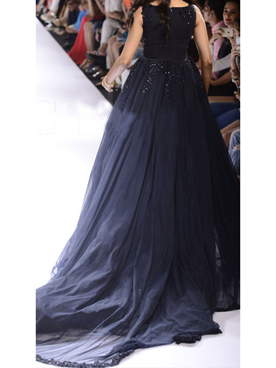 Beautiful Bollywood Star Esha Gupta Ink Blue Indowestern Gown 