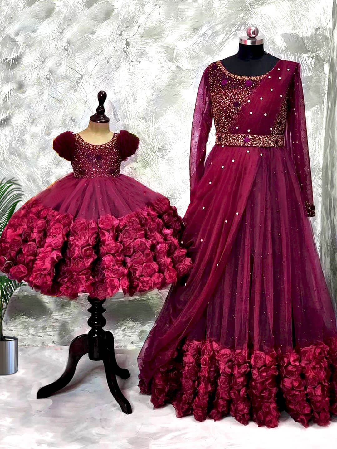 Maroon Net Mother Daughter Matching Combo Dress in Sequins And Floral Work