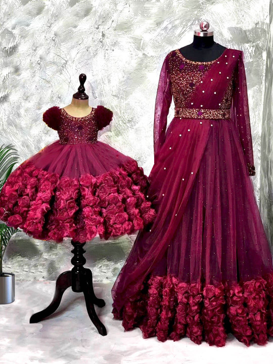 Maroon Net Mother Daughter Matching Combo Dress in Sequins And Floral Work